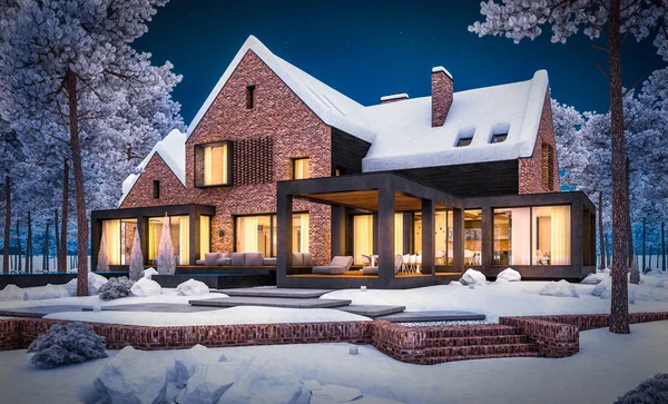 3D rendering ของบ้าน clinker สมัยใหม่บนบ่อที่มีสระว่ายน้ําใน w — ภาพถ่ายสต็อก