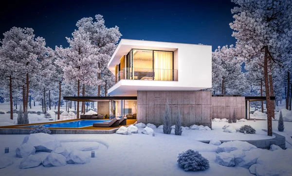 3D рендеринг современного дома на холме с большим количеством снега в Winte — стоковое фото