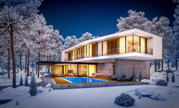 3D rendering van modern huis op de heuvel met veel sneeuw in winte — Stockfoto