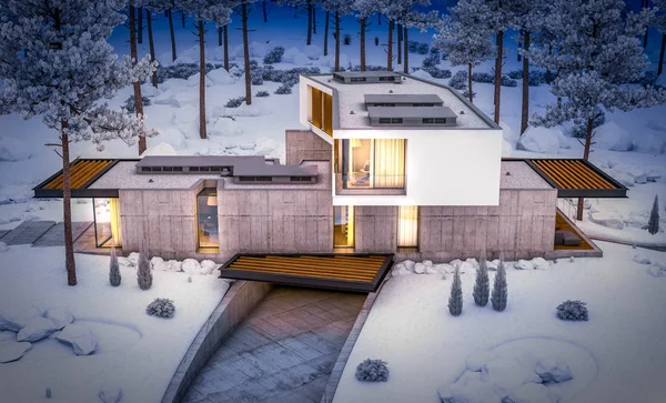 3D rendering van modern huis op de heuvel met veel sneeuw in winte — Stockfoto