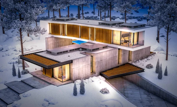 Renderowanie 3D nowoczesnego domu na wzgórzu z wielu śniegu w winte — Zdjęcie stockowe