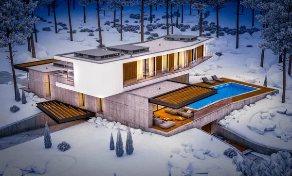 3d renderização de casa moderna na colina com muita neve em winte — Fotografia de Stock