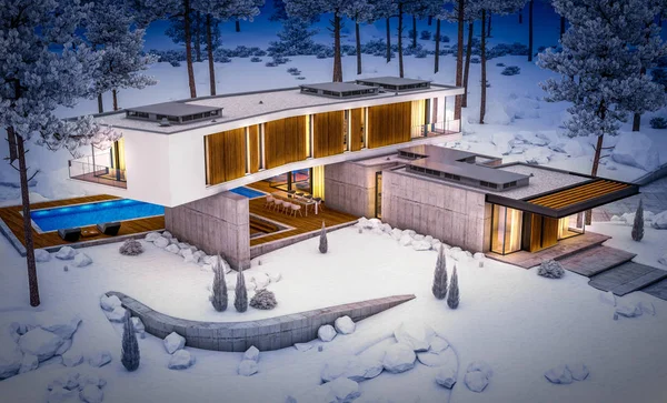 3D rendering van modern huis op de heuvel met veel sneeuw in winte — Stockfoto