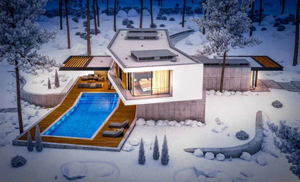 3D rendering van modern huis op de heuvel met veel sneeuw in winte — Stockfoto