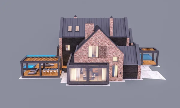 3D-rendering van modern klinker huis op de vijvers met zwembad in e — Stockfoto
