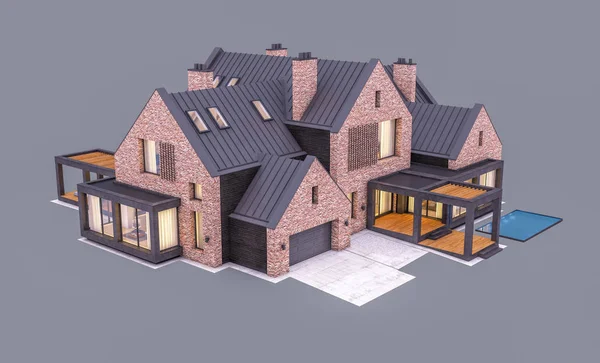 3D-rendering av modern klinker House på dammarna med pool i e — Stockfoto