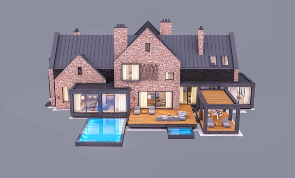 Renderowanie 3D nowoczesnego domu klinkierowego na stawach z basenem w e — Zdjęcie stockowe