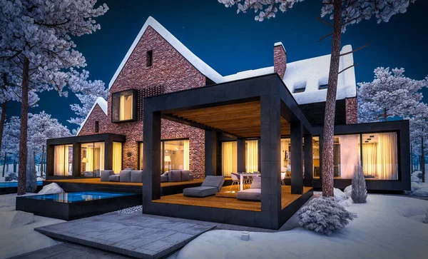 3D-rendering van modern klinker huis op de vijvers met zwembad in w — Stockfoto