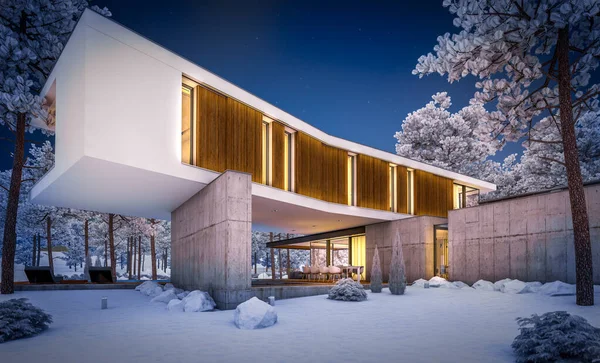 Renderowanie 3D nowoczesnego domu na wzgórzu z basenem zimą nig — Zdjęcie stockowe