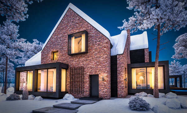 3D рендеринг современного клинкерного дома на прудах с бассейном в г
