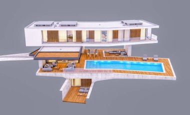 G üzerinde izole havuz ile tepede modern evin 3d render