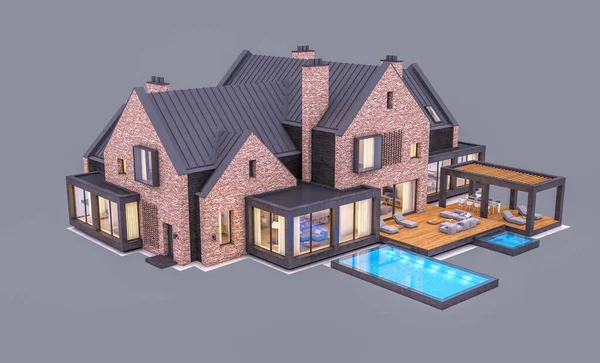 3D рендеринг современного клинкерного дома на прудах с бассейном в е — стоковое фото