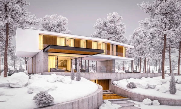 3d renderowania nowoczesnego domu na wzgórzu z basenem w zimową noc — Zdjęcie stockowe