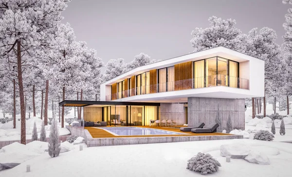 3D рендеринг современного дома на холме с бассейном в зимний вечер — стоковое фото