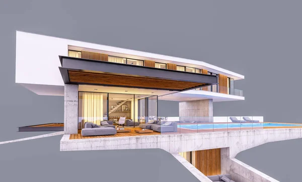 3D-rendering van modern huis op de heuvel met zwembad geïsoleerd op g — Stockfoto