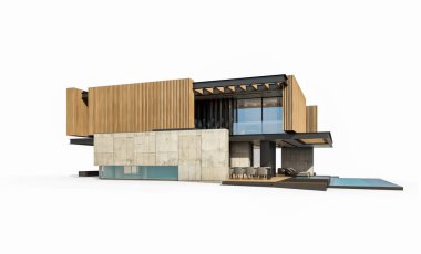 Park yeri ve havuzu satılık ya da ahşap kaplamalı modern konforlu ev. Beyazda izole edilmiş