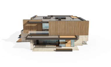 Park yeri ve havuzu satılık ya da ahşap kaplamalı modern konforlu ev. Beyazda izole edilmiş