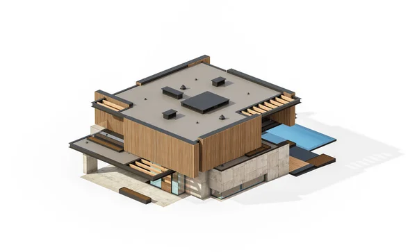 3D展示现代化舒适的房子 设有停车场和供出售的游泳池 或租用木制木板立面 与白种人隔离 — 图库照片