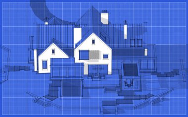 Göletlerin üzerinde, garajı ve havuzu satılık ya da kiralık olan modern konforlu tokuşturma evi. Bina planında beyaz lekeli siyah çizgi çizimi