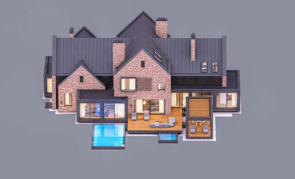 Rendering Van Moderne Gezellige Klinker Huis Vijvers Met Garage Zwembad — Stockfoto