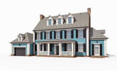 Modern konforlu klasik evin, garajı ve havuzu satılık ya da kiralık olan 3D tasarımı. Beyazda izole edilmiş.
