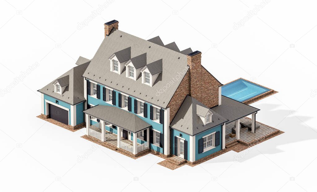 3d rendering of modern cozy classic house in colonial style with garage and pool for sale or rent. Isolated on white.