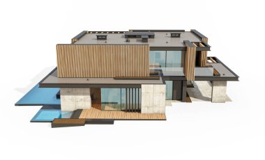 Park yeri ve havuzu satılık ya da ahşap kaplamalı modern konforlu ev. Beyazda izole edilmiş