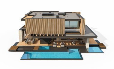 Park yeri ve havuzu satılık ya da ahşap kaplamalı modern konforlu ev. Beyazda izole edilmiş