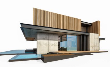 Park yeri ve havuzu satılık ya da ahşap kaplamalı modern konforlu ev. Beyazda izole edilmiş
