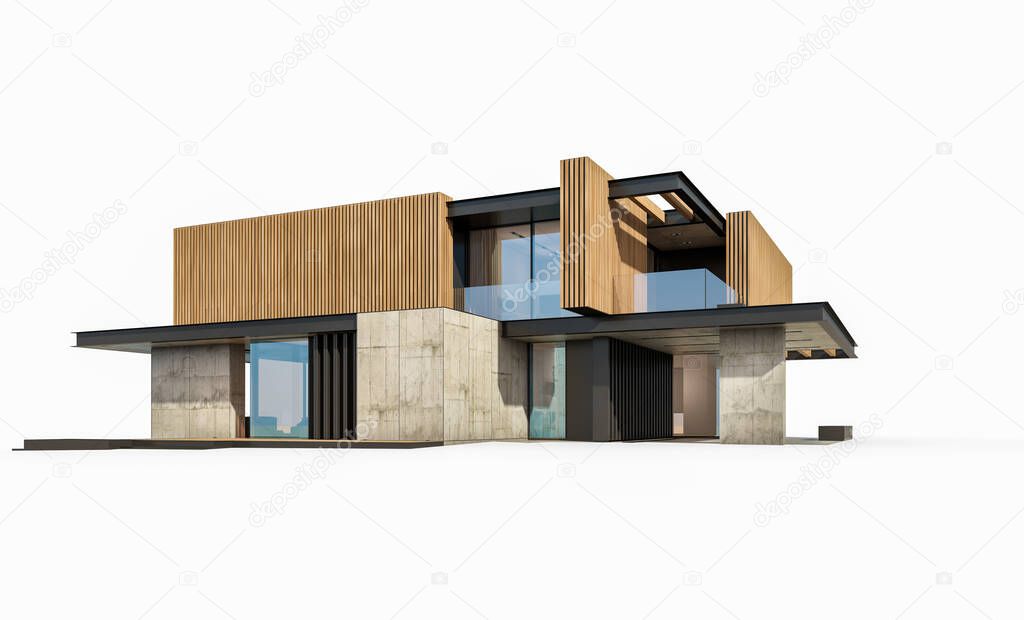 3d rendering of modern cozy house with parking and pool for sale or rent with wood plank facade. Isolated on white