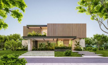 Park yeri ve havuzu satılık ya da kiralık, ahşap ön cepheli ve arka planda güzel peyzajlı modern konforlu bir ev. Pencerenin sıcacık ışıklarıyla berrak bir yaz akşamı.