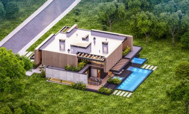 Park yeri ve havuzu satılık ya da kiralık, ahşap ön cepheli ve arka planda güzel peyzajlı modern konforlu bir ev. Pencerenin sıcacık ışıklarıyla berrak bir yaz akşamı.