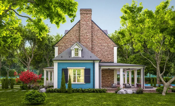 Arka planda güzel peyzajlı, garajı ve havuzu satılık ya da kirası olan koloni tarzında modern konforlu klasik evin 3D görüntüsü. Pencerenin sıcacık ışıklarıyla berrak bir yaz akşamı