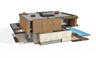 Park yeri ve havuzu satılık ya da ahşap kaplamalı modern konforlu ev. Beyazda izole edilmiş