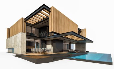 Park yeri ve havuzu satılık ya da ahşap kaplamalı modern konforlu ev. Beyazda izole edilmiş