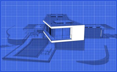 Tepedeki garajı ve havuzu satılık ya da kiralık olan modern konforlu ev. Hafif gölgeli siyah çizgi çizimi ve plan üzerinde beyaz nokta.