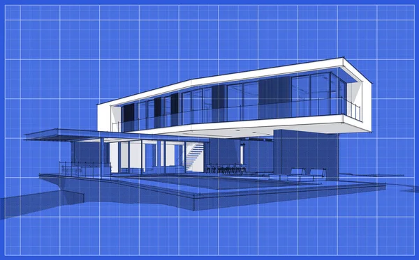 3d rendering of modern cozy house on the hill with garage and pool for sale or rent.  Black line sketch with soft light shadows and white spot on blueprint background.