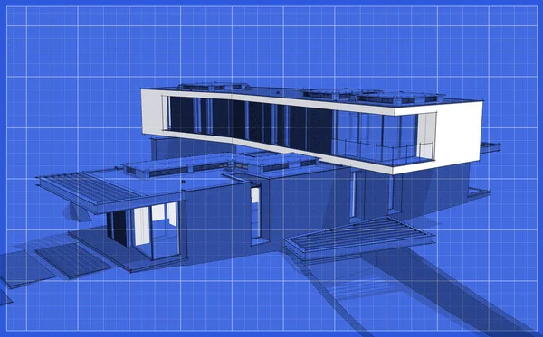 3D在山上建造现代化舒适的房子 配有车库和供出售或出租的游泳池 略带柔和阴影和蓝图背景白斑的黑线草图 — 图库照片