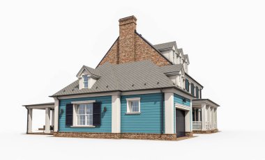 Modern konforlu klasik evin, garajı ve havuzu satılık ya da kiralık olan 3D tasarımı. Beyazda izole edilmiş.