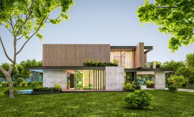 Park yeri ve havuzu satılık ya da kiralık, ahşap ön cepheli ve arka planda güzel peyzajlı modern konforlu bir ev. Pencerenin sıcacık ışıklarıyla berrak bir yaz akşamı.