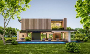 Park yeri ve havuzu satılık ya da kiralık, ahşap ön cepheli ve arka planda güzel peyzajlı modern konforlu bir ev. Pencerenin sıcacık ışıklarıyla berrak bir yaz akşamı.