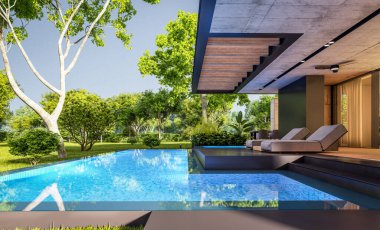 Park yeri ve havuzu satılık ya da kiralık, ahşap ön cepheli ve arka planda güzel peyzajlı modern konforlu bir ev. Pencerenin sıcacık ışıklarıyla berrak bir yaz akşamı.