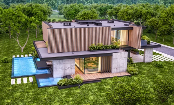 Rendering Van Modern Gezellig Huis Met Parkeerplaats Zwembad Koop Huur — Stockfoto