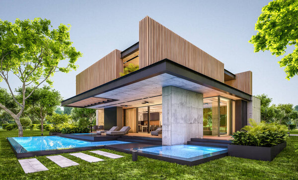 Трехмерный рендеринг современного уютного дома с парковкой и бассейном на продажу или в аренду с деревянным фасадом и красивым ландшафтным дизайном на заднем плане. Ясный летний вечер с уютным светом из окна
.