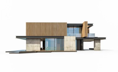 Park yeri ve havuzu satılık ya da ahşap kaplamalı modern konforlu ev. Beyazda izole edilmiş