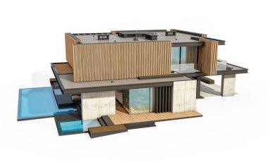 Park yeri ve havuzu satılık ya da ahşap kaplamalı modern konforlu ev. Beyazda izole edilmiş