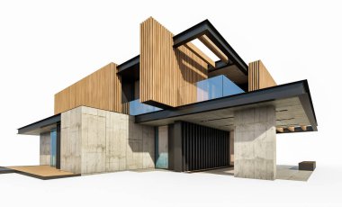 Park yeri ve havuzu satılık ya da ahşap kaplamalı modern konforlu ev. Beyazda izole edilmiş