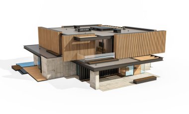 Park yeri ve havuzu satılık ya da ahşap kaplamalı modern konforlu ev. Beyazda izole edilmiş