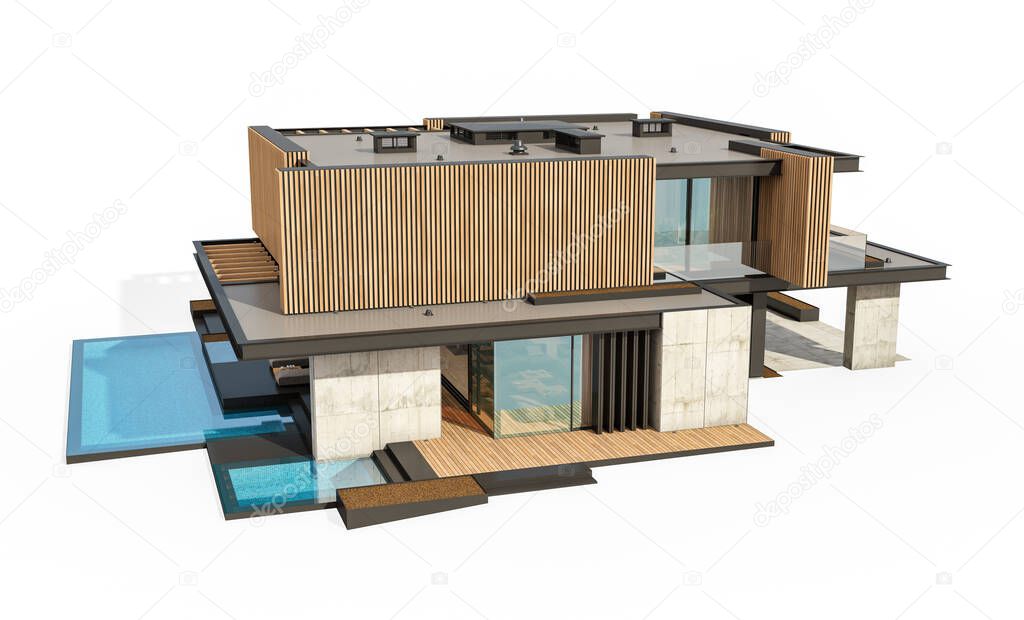 3d rendering of modern cozy house with parking and pool for sale or rent with wood plank facade. Isolated on white
