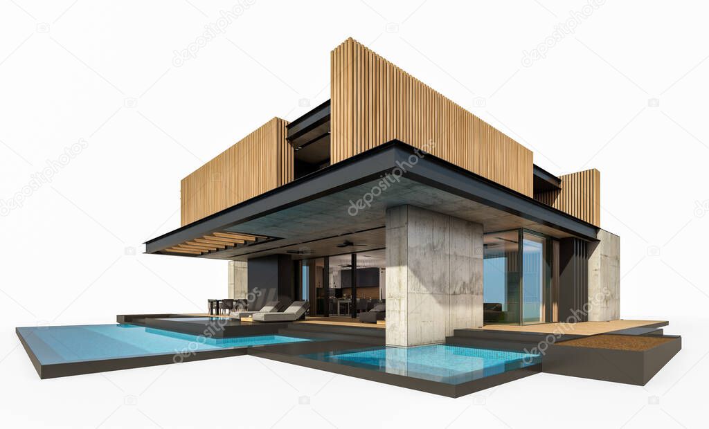 3d rendering of modern cozy house with parking and pool for sale or rent with wood plank facade. Isolated on white